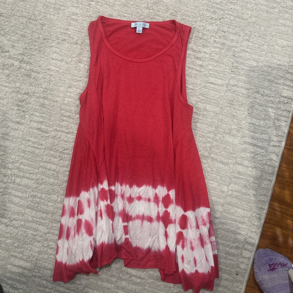 She & Sky Red White Tank Top TieDye Womens L Flowy Boho Summer Swing Festival
